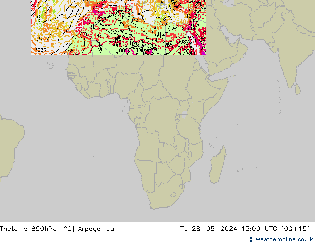 Theta-e 850hPa Arpege-eu Sa 28.05.2024 15 UTC