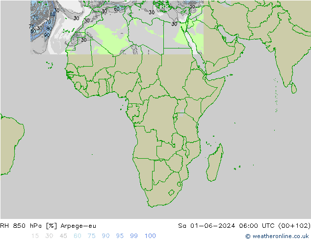 RH 850 hPa Arpege-eu Sa 01.06.2024 06 UTC