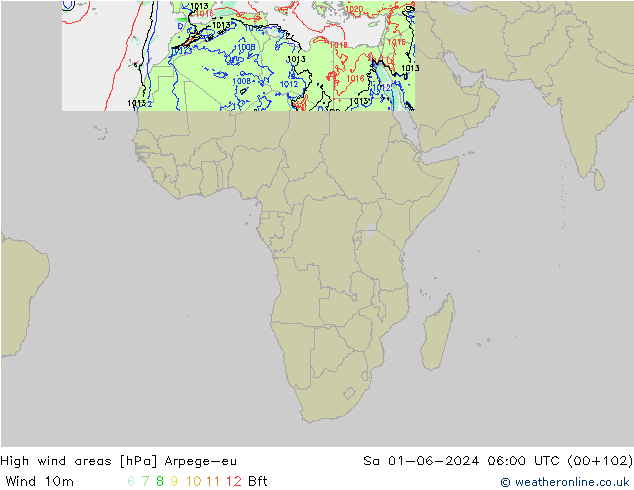 High wind areas Arpege-eu Sa 01.06.2024 06 UTC