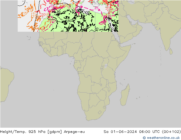 Height/Temp. 925 гПа Arpege-eu сб 01.06.2024 06 UTC