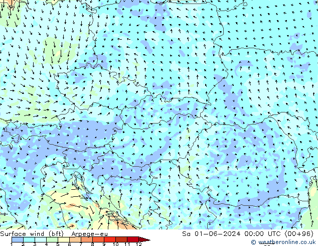 wiatr 10 m (bft) Arpege-eu so. 01.06.2024 00 UTC