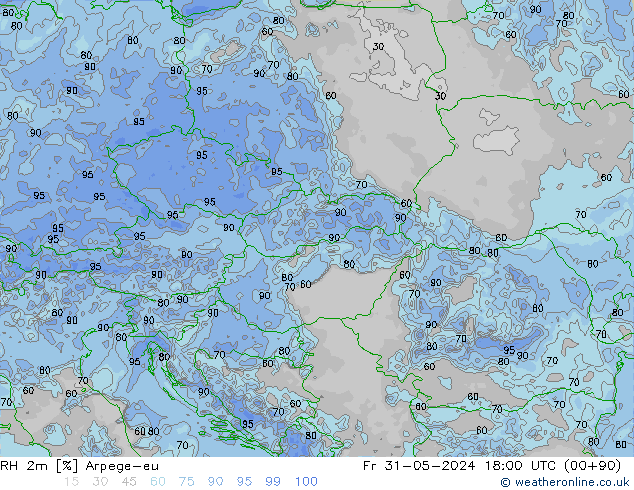 Humedad rel. 2m Arpege-eu vie 31.05.2024 18 UTC