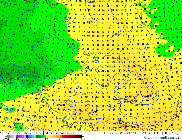 SLP/Temp. 850 hPa Arpege-eu Pá 31.05.2024 12 UTC