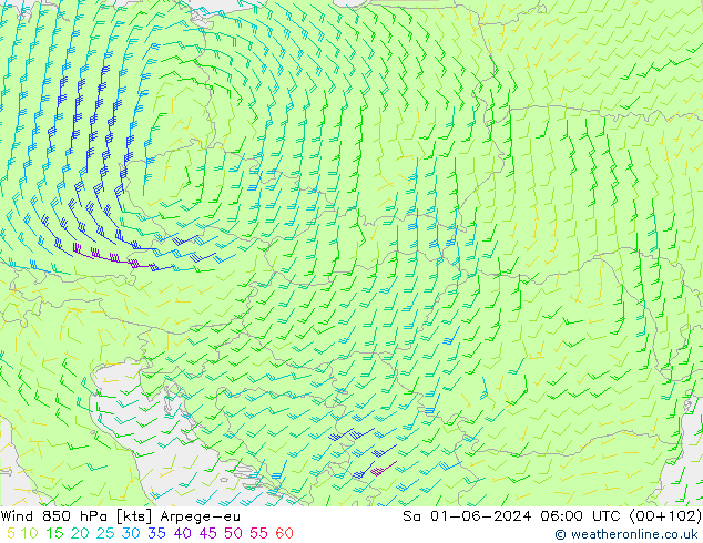 Wind 850 hPa Arpege-eu So 01.06.2024 06 UTC