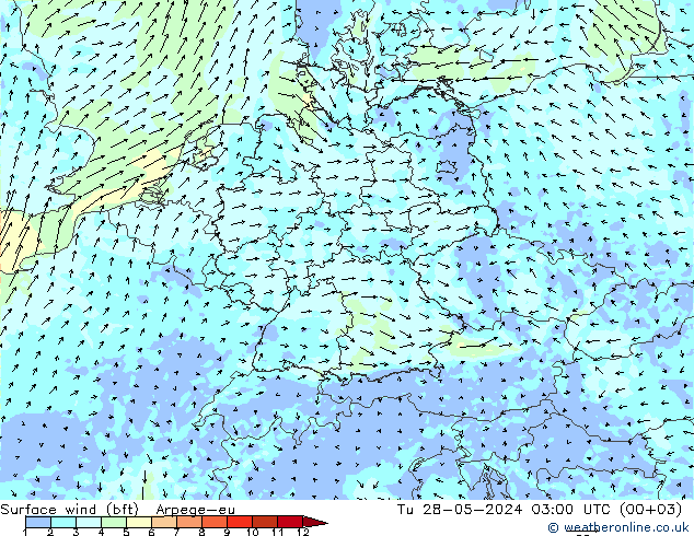 Viento 10 m (bft) Arpege-eu mar 28.05.2024 03 UTC