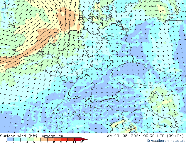 Surface wind (bft) Arpege-eu We 29.05.2024 00 UTC