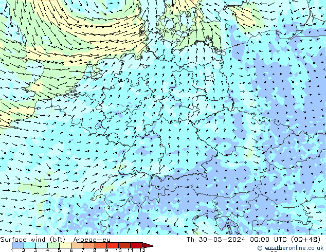 Viento 10 m (bft) Arpege-eu jue 30.05.2024 00 UTC