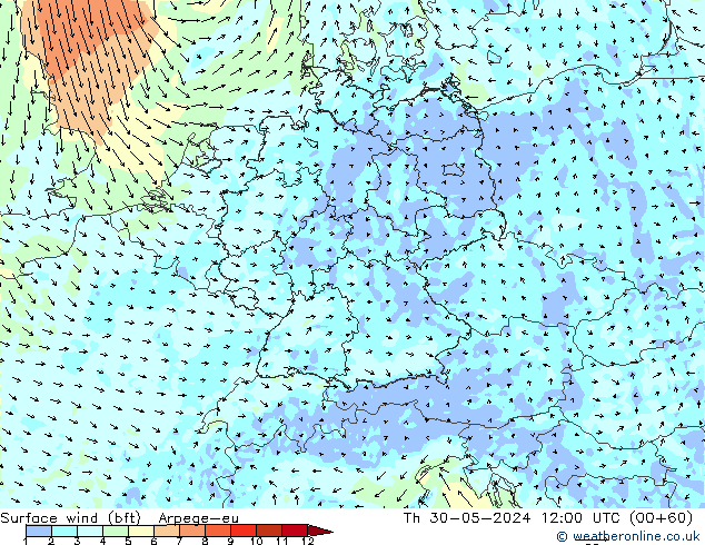 Vento 10 m (bft) Arpege-eu gio 30.05.2024 12 UTC