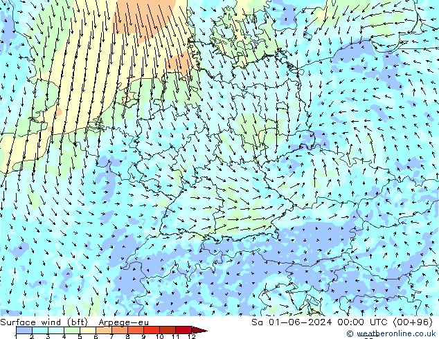 Vento 10 m (bft) Arpege-eu Sáb 01.06.2024 00 UTC