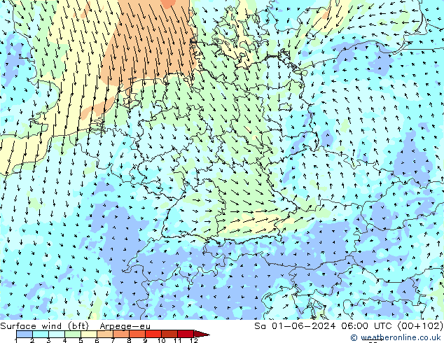 Viento 10 m (bft) Arpege-eu sáb 01.06.2024 06 UTC