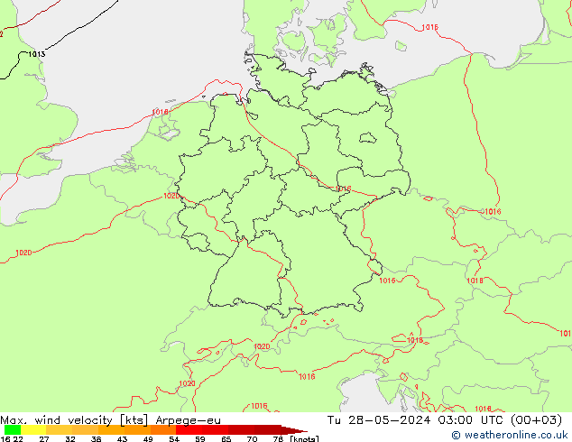 Max. wind velocity Arpege-eu вт 28.05.2024 03 UTC