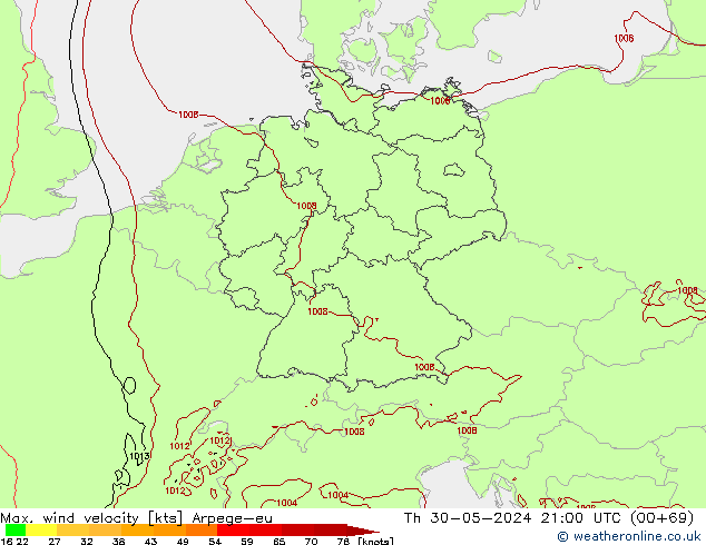 Max. wind velocity Arpege-eu чт 30.05.2024 21 UTC