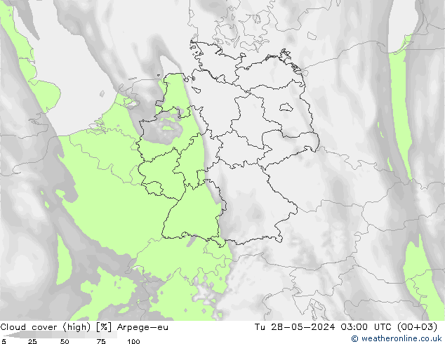 Cloud cover (high) Arpege-eu Tu 28.05.2024 03 UTC