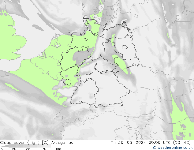 Cloud cover (high) Arpege-eu Th 30.05.2024 00 UTC