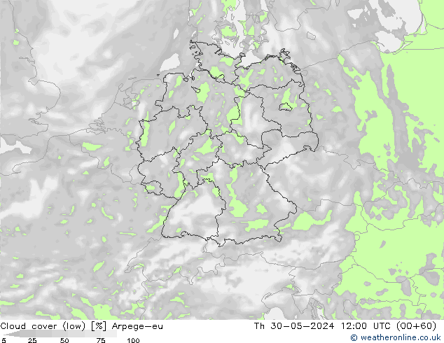 Cloud cover (low) Arpege-eu Th 30.05.2024 12 UTC