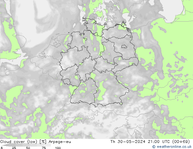 Cloud cover (low) Arpege-eu Th 30.05.2024 21 UTC