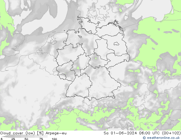 Cloud cover (low) Arpege-eu Sa 01.06.2024 06 UTC