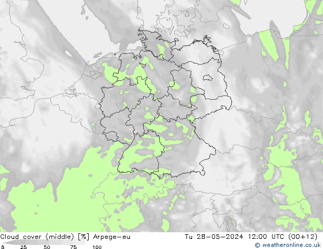 Cloud cover (middle) Arpege-eu Tu 28.05.2024 12 UTC