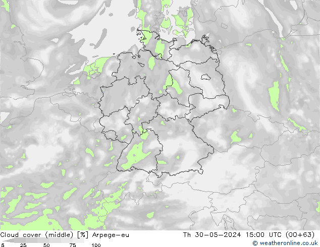 Cloud cover (middle) Arpege-eu Th 30.05.2024 15 UTC