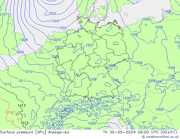 Atmosférický tlak Arpege-eu Čt 30.05.2024 09 UTC