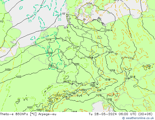 Theta-e 850гПа Arpege-eu вт 28.05.2024 06 UTC