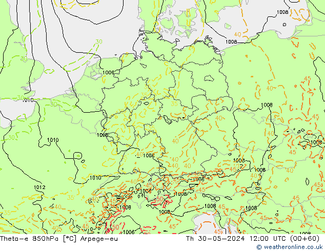 Theta-e 850hPa Arpege-eu Th 30.05.2024 12 UTC