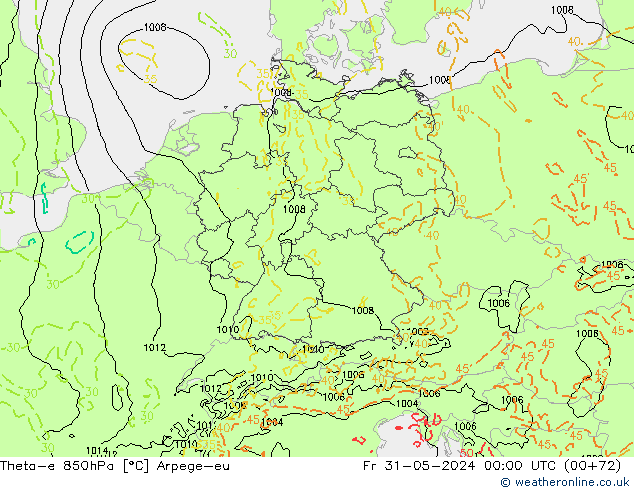 Theta-e 850hPa Arpege-eu ven 31.05.2024 00 UTC