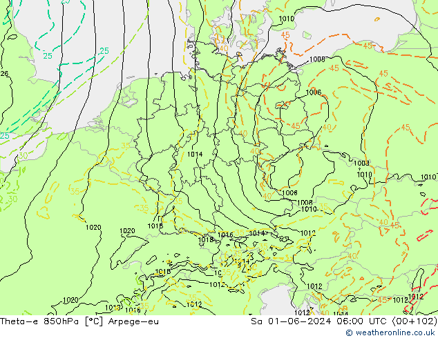 Theta-e 850hPa Arpege-eu sab 01.06.2024 06 UTC