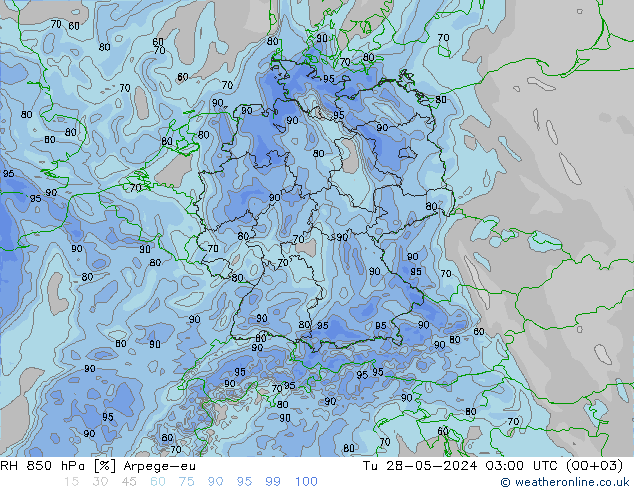 RH 850 hPa Arpege-eu Ter 28.05.2024 03 UTC