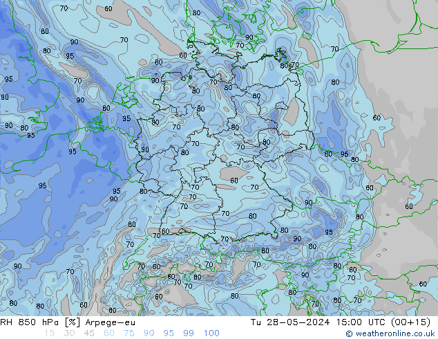 RH 850 гПа Arpege-eu вт 28.05.2024 15 UTC