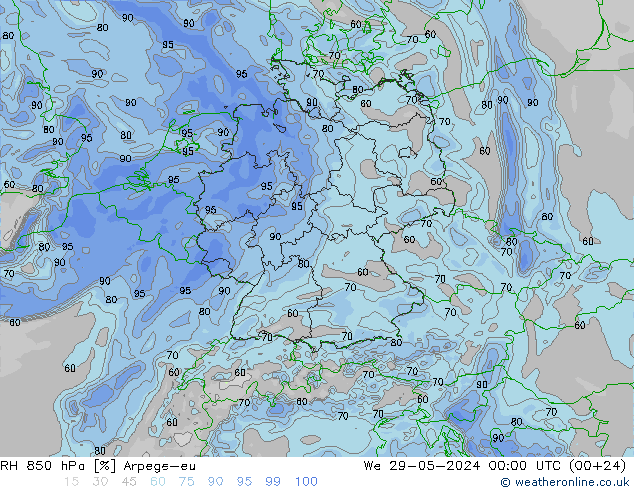 RH 850 hPa Arpege-eu Qua 29.05.2024 00 UTC