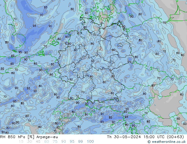 RH 850 гПа Arpege-eu чт 30.05.2024 15 UTC