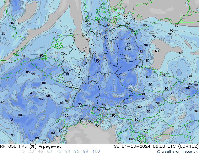 RH 850 hPa Arpege-eu Sáb 01.06.2024 06 UTC