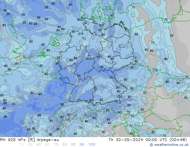 RH 925 hPa Arpege-eu Čt 30.05.2024 00 UTC