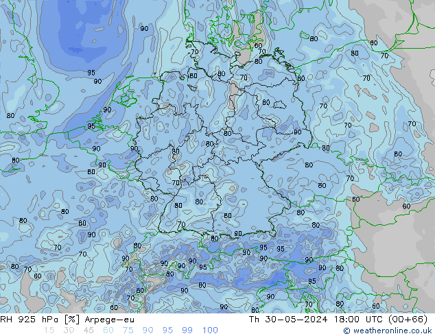 Humidité rel. 925 hPa Arpege-eu jeu 30.05.2024 18 UTC