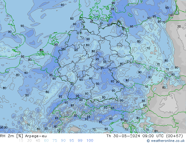 RH 2m Arpege-eu Th 30.05.2024 09 UTC