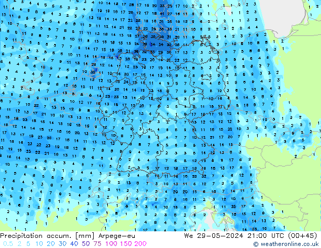 Precipitation accum. Arpege-eu śro. 29.05.2024 21 UTC