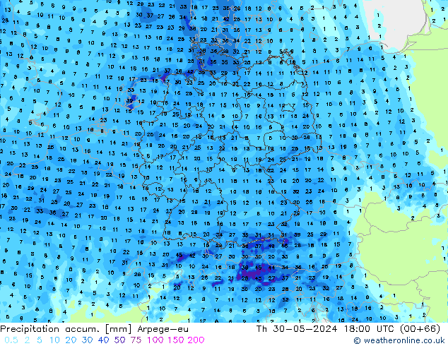 Précipitation accum. Arpege-eu jeu 30.05.2024 18 UTC