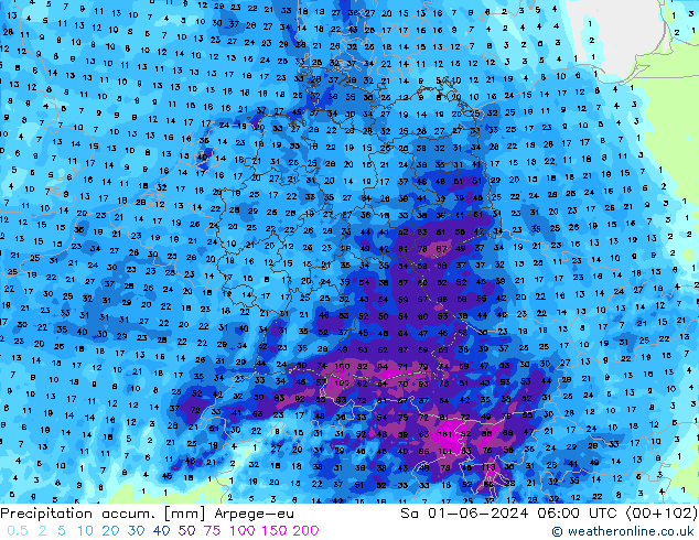 Precipitation accum. Arpege-eu сб 01.06.2024 06 UTC