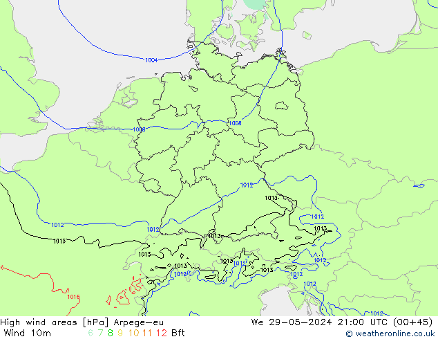 High wind areas Arpege-eu We 29.05.2024 21 UTC