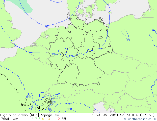 High wind areas Arpege-eu Čt 30.05.2024 03 UTC