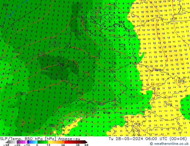 SLP/Temp. 850 hPa Arpege-eu Tu 28.05.2024 06 UTC