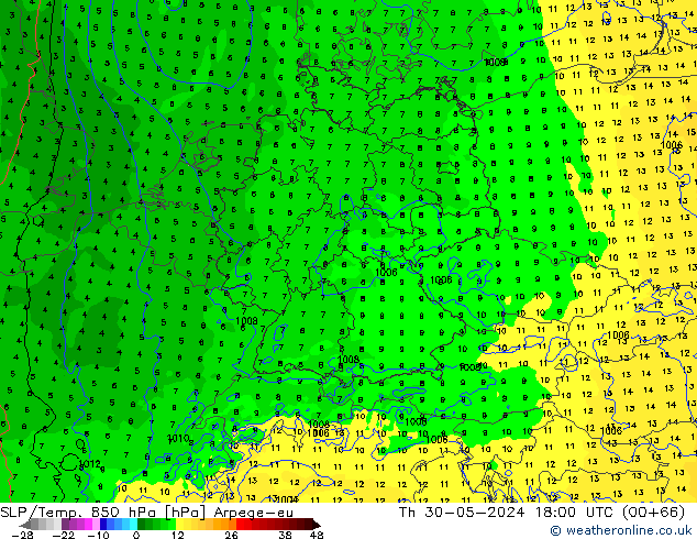 SLP/Temp. 850 hPa Arpege-eu jeu 30.05.2024 18 UTC