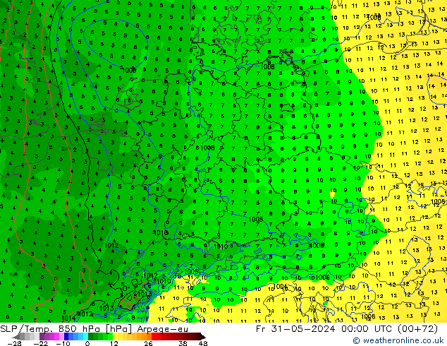 SLP/Temp. 850 hPa Arpege-eu Sex 31.05.2024 00 UTC