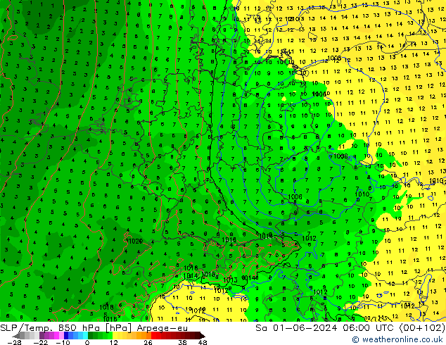 SLP/Temp. 850 hPa Arpege-eu za 01.06.2024 06 UTC