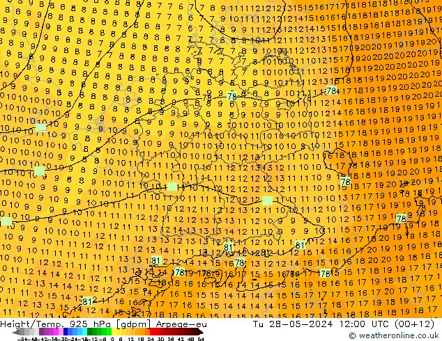 Height/Temp. 925 hPa Arpege-eu Út 28.05.2024 12 UTC