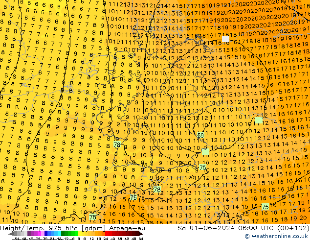 Yükseklik/Sıc. 925 hPa Arpege-eu Cts 01.06.2024 06 UTC