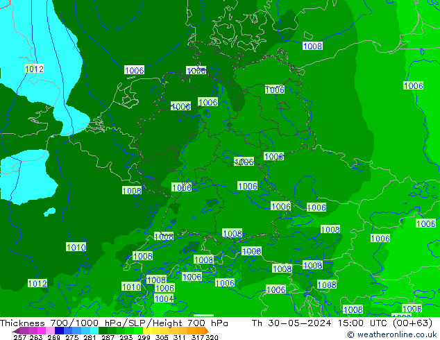 Espesor 700-1000 hPa Arpege-eu jue 30.05.2024 15 UTC