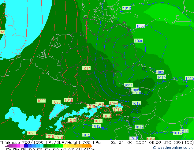 Thck 700-1000 hPa Arpege-eu So 01.06.2024 06 UTC