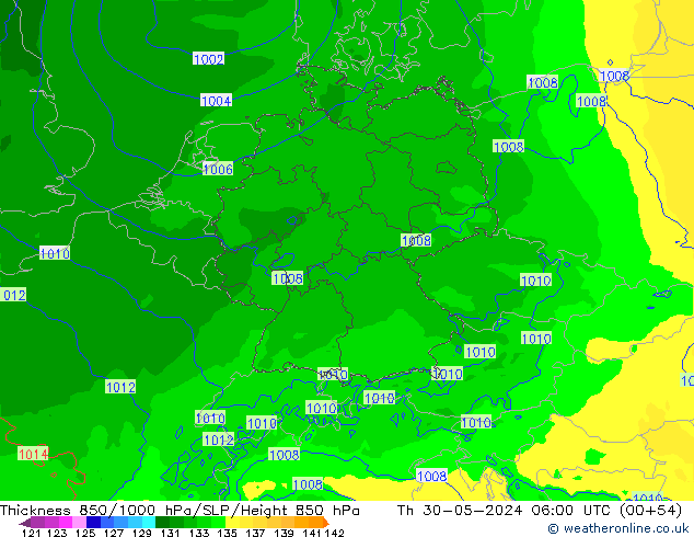 Espesor 850-1000 hPa Arpege-eu jue 30.05.2024 06 UTC